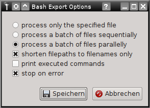 The Bash Export dialog offering three processing modes and three additional settings.